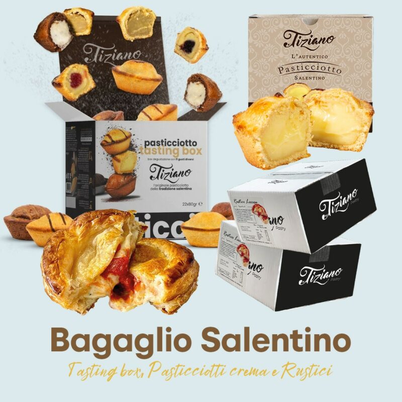 Bagaglio Salentino - Tasting box da 22 pasticciotti, 1 box da 24 pasticciotti crema 80gr e 2 box da 10pz di rustico Leccese - Tiziano LE